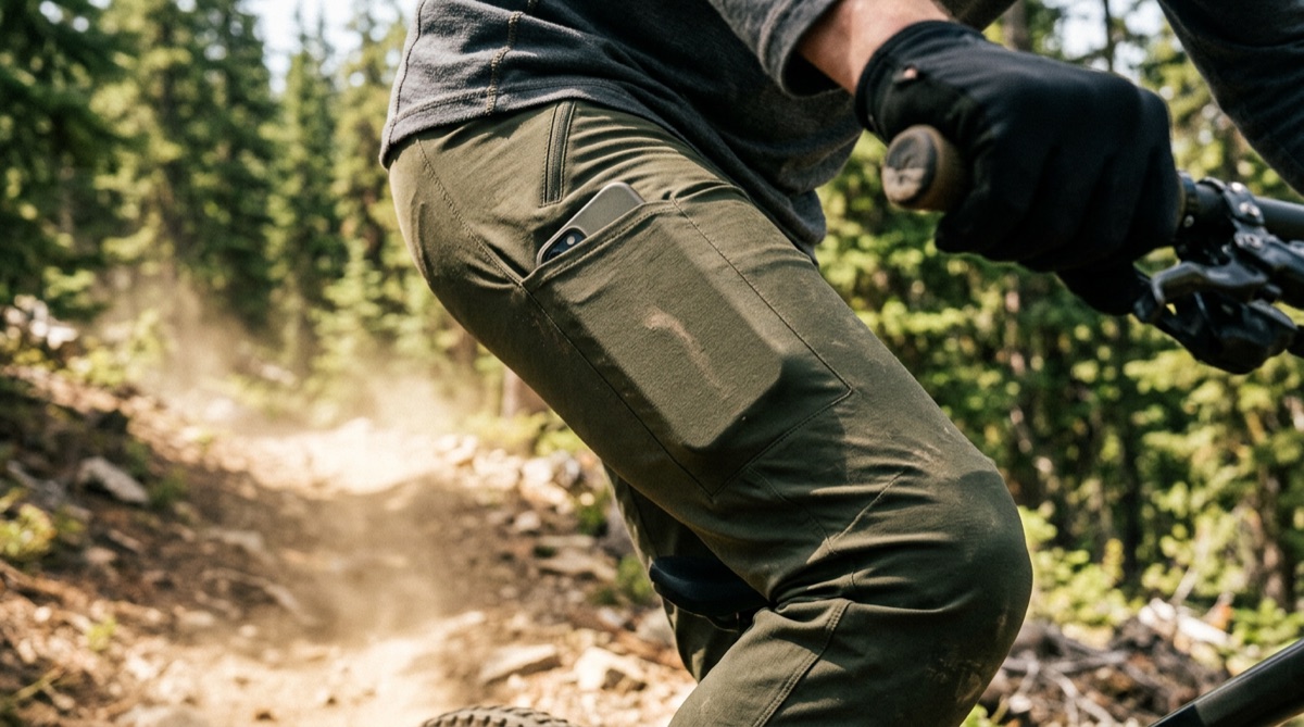 Phone carried in the rider's thigh pocket
